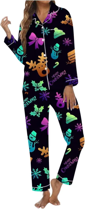 Women's Christmas Pajamas Set Button Down Xmas Pjs 2 Piece Soft Long Sleeve Top and Pants Sleepwear Set Lounge Sets