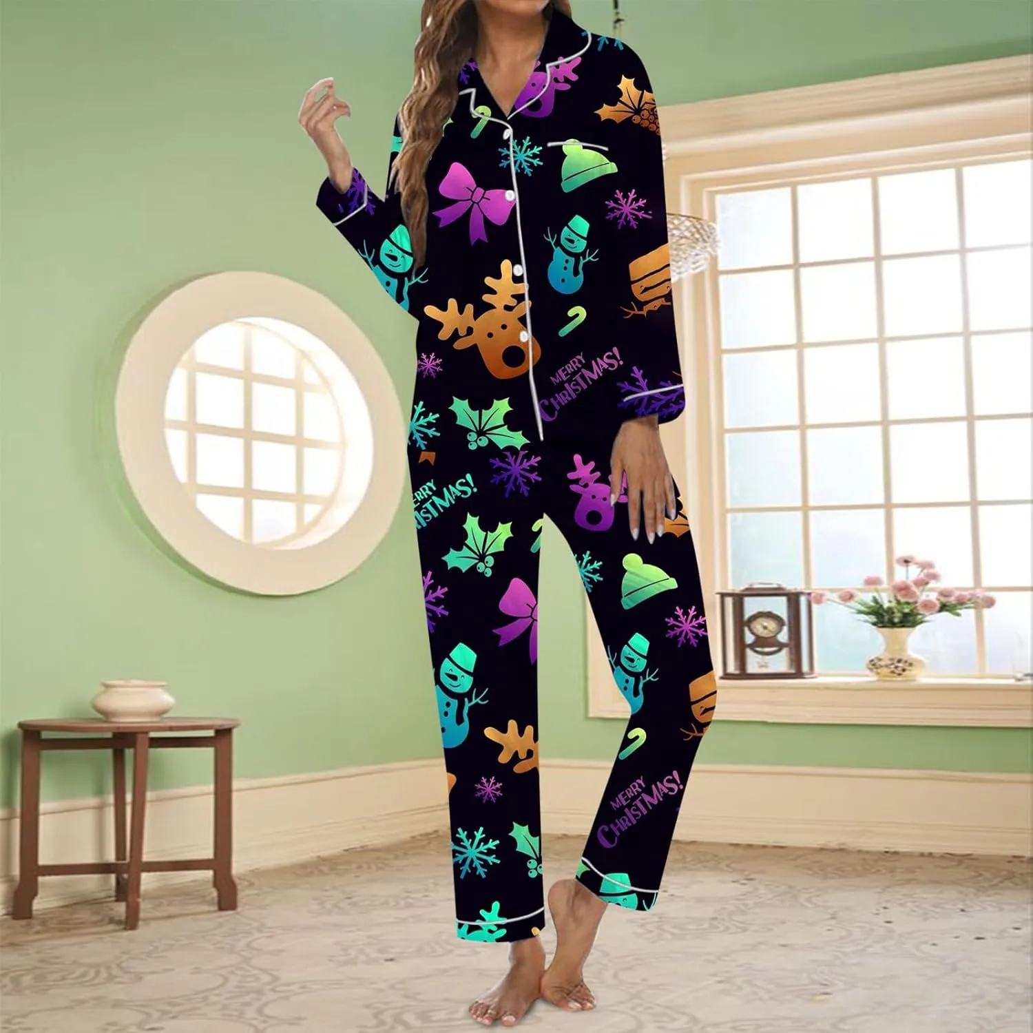 Women's Christmas Pajamas Set Button Down Xmas Pjs 2 Piece Soft Long Sleeve Top and Pants Sleepwear Set Lounge Sets
