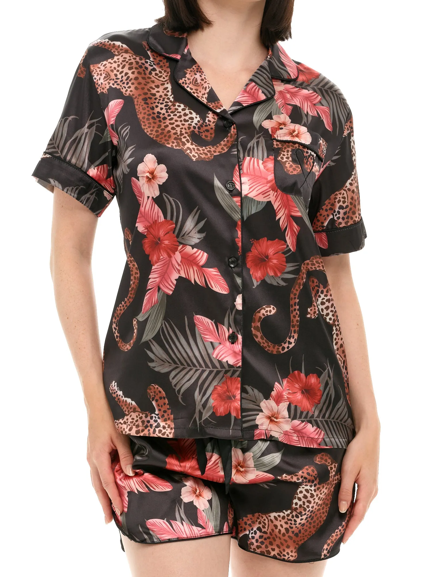 Women's Classic Satin Pajamas Set with Pockets, Short Sleeve PJs with Heart