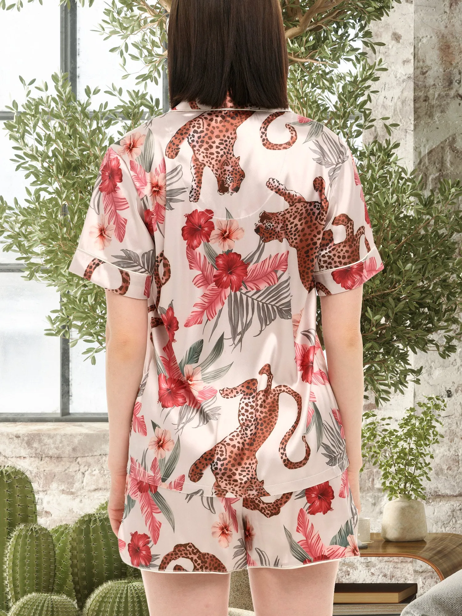 Women's Classic Satin Pajamas Set with Pockets, Short Sleeve PJs with Heart