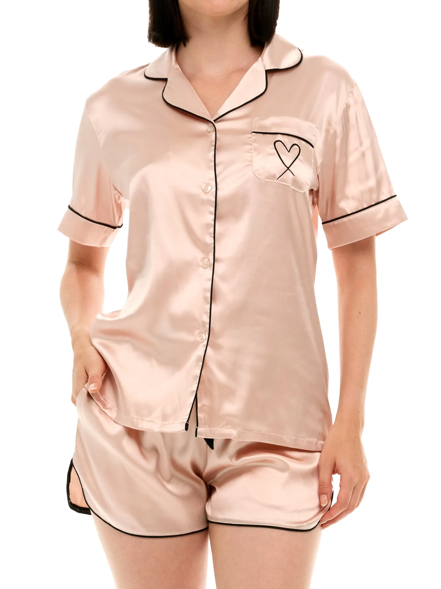 Women's Classic Satin Pajamas Set with Pockets, Short Sleeve PJs with Heart