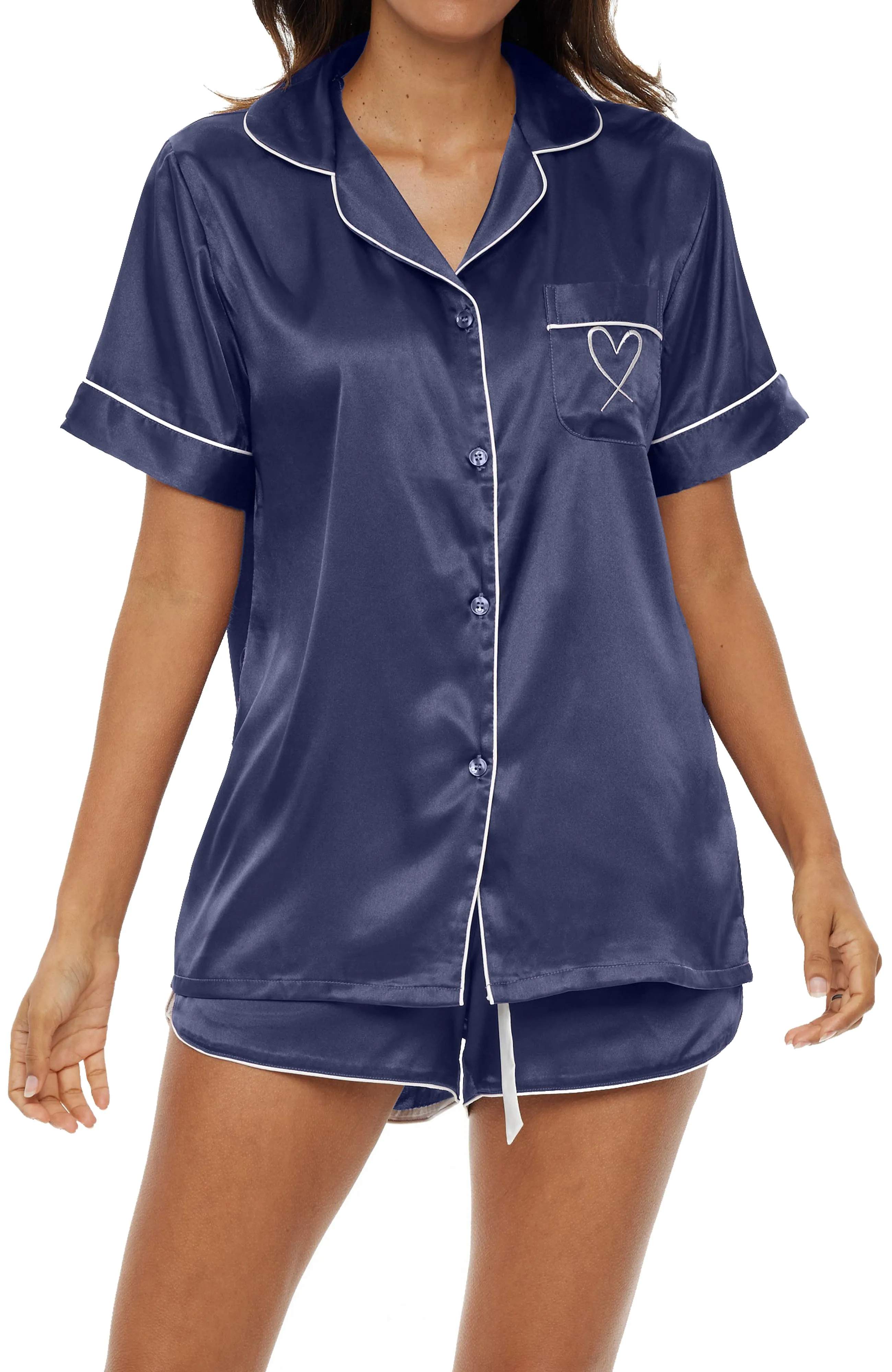 Women's Classic Satin Pajamas Set with Pockets, Short Sleeve PJs with Heart