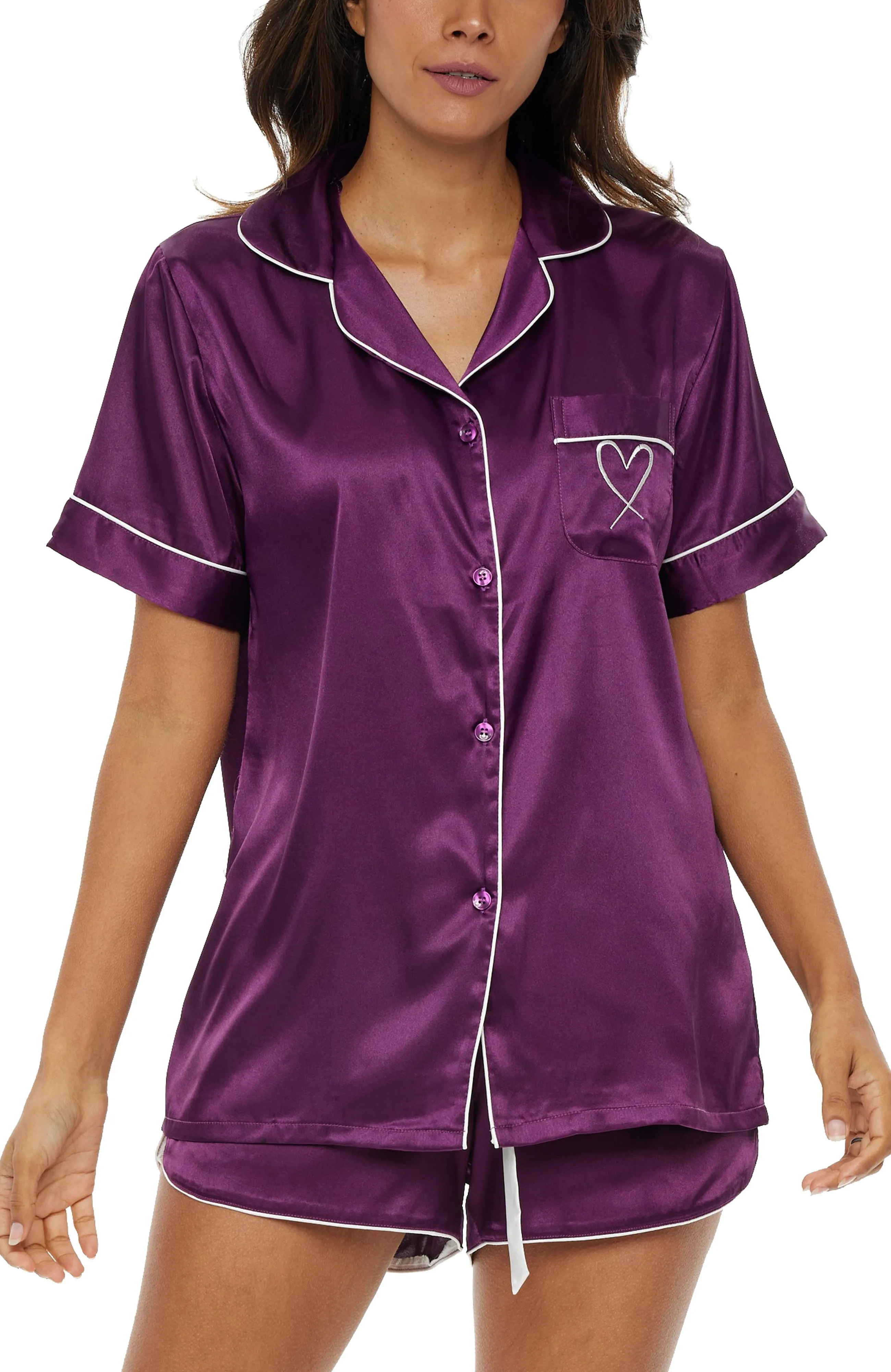 Women's Classic Satin Pajamas Set with Pockets, Short Sleeve PJs with Heart