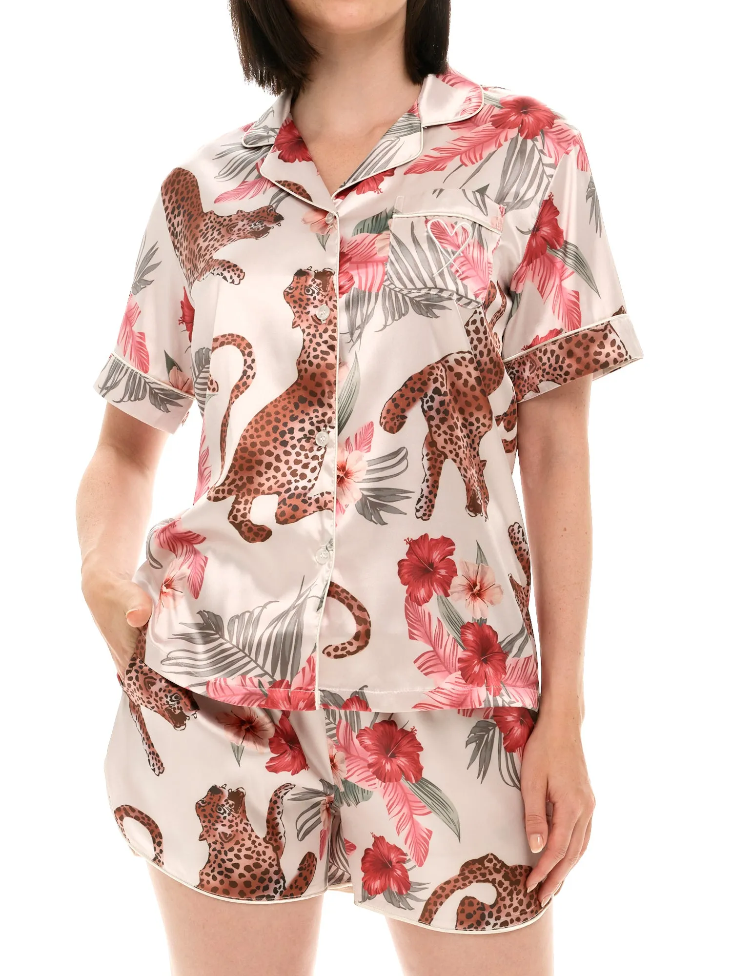 Women's Classic Satin Pajamas Set with Pockets, Short Sleeve PJs with Heart