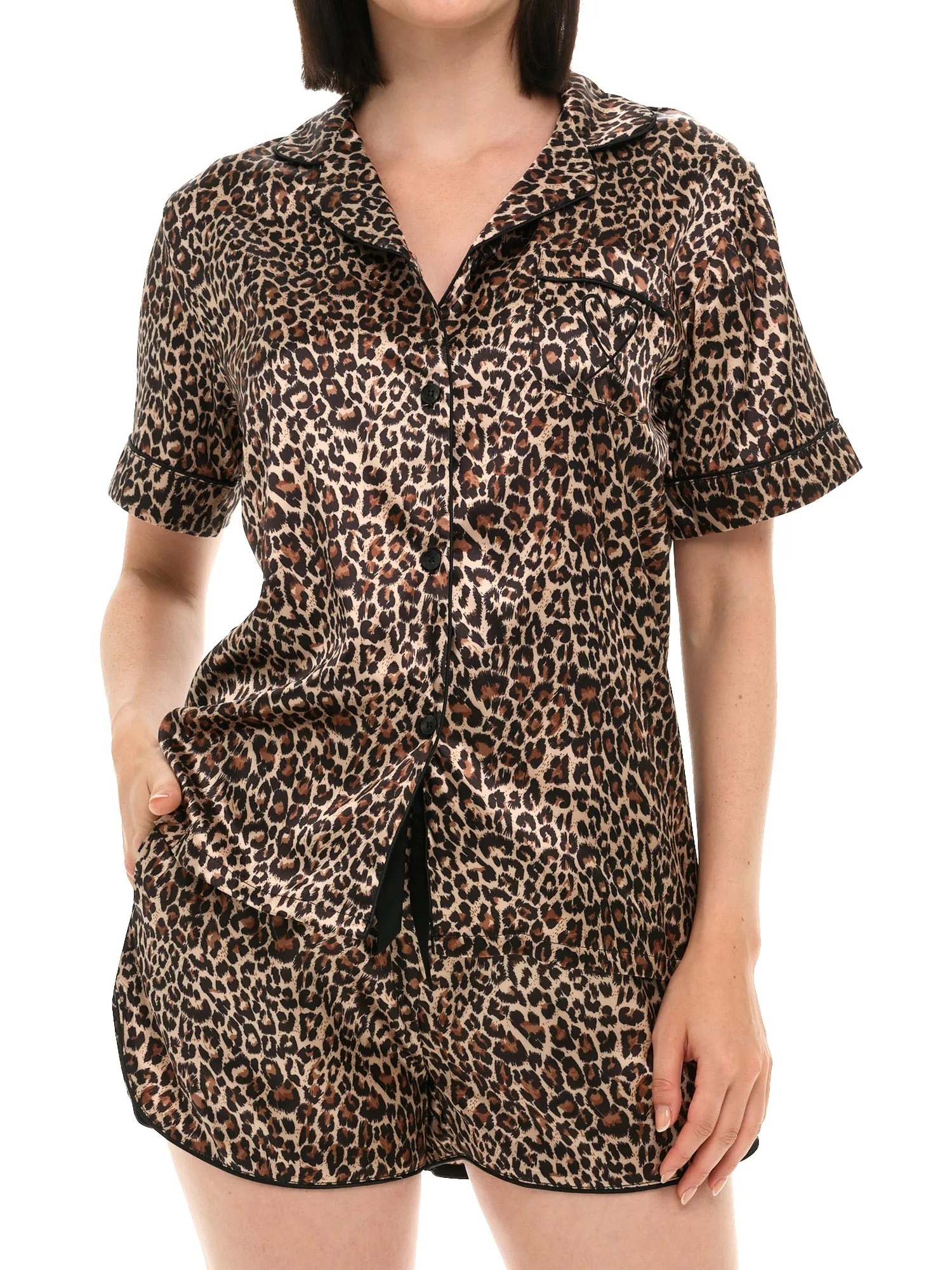 Women's Classic Satin Pajamas Set with Pockets, Short Sleeve PJs with Heart