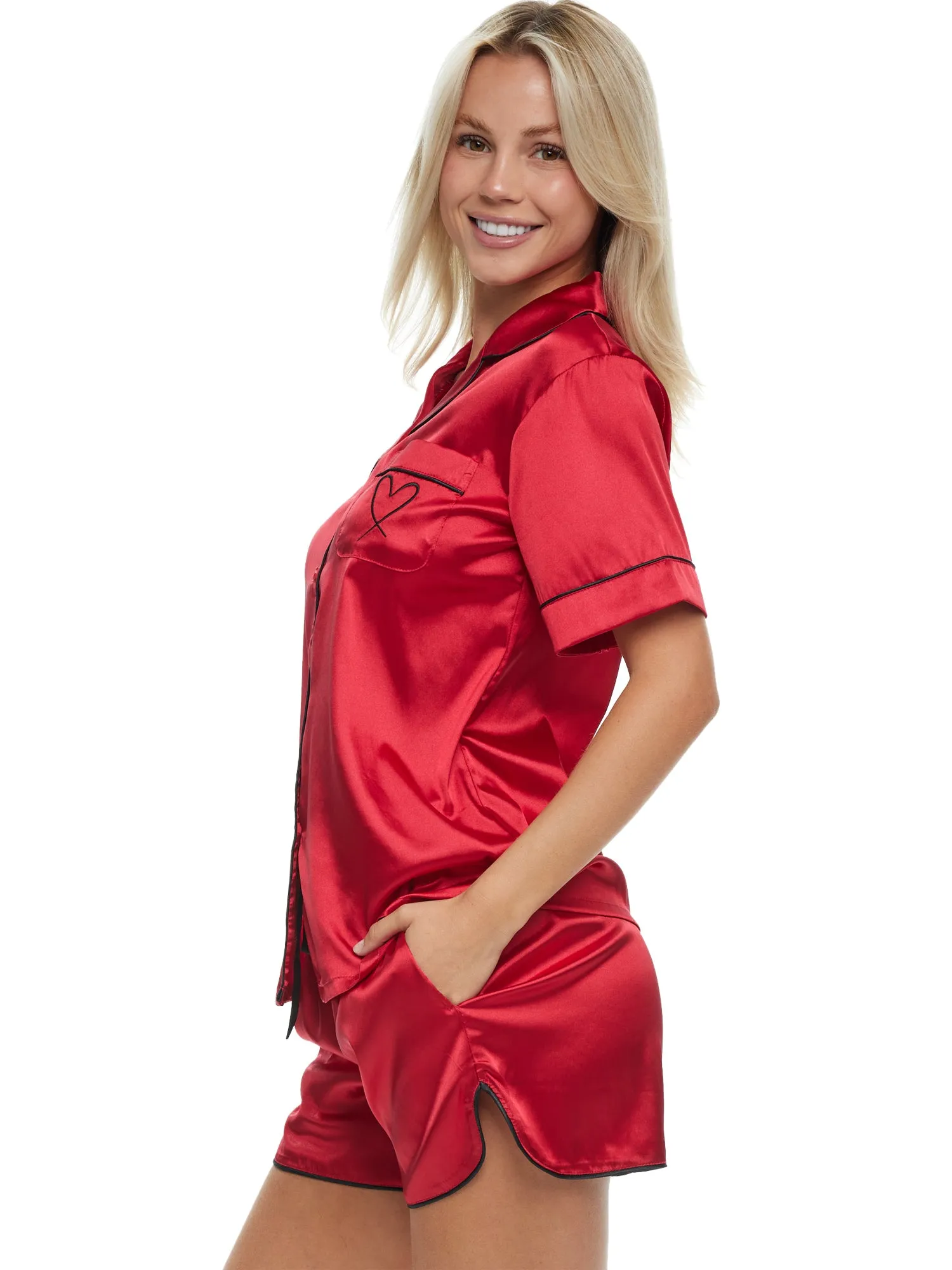 Women's Classic Satin Pajamas Set with Pockets, Short Sleeve PJs with Heart