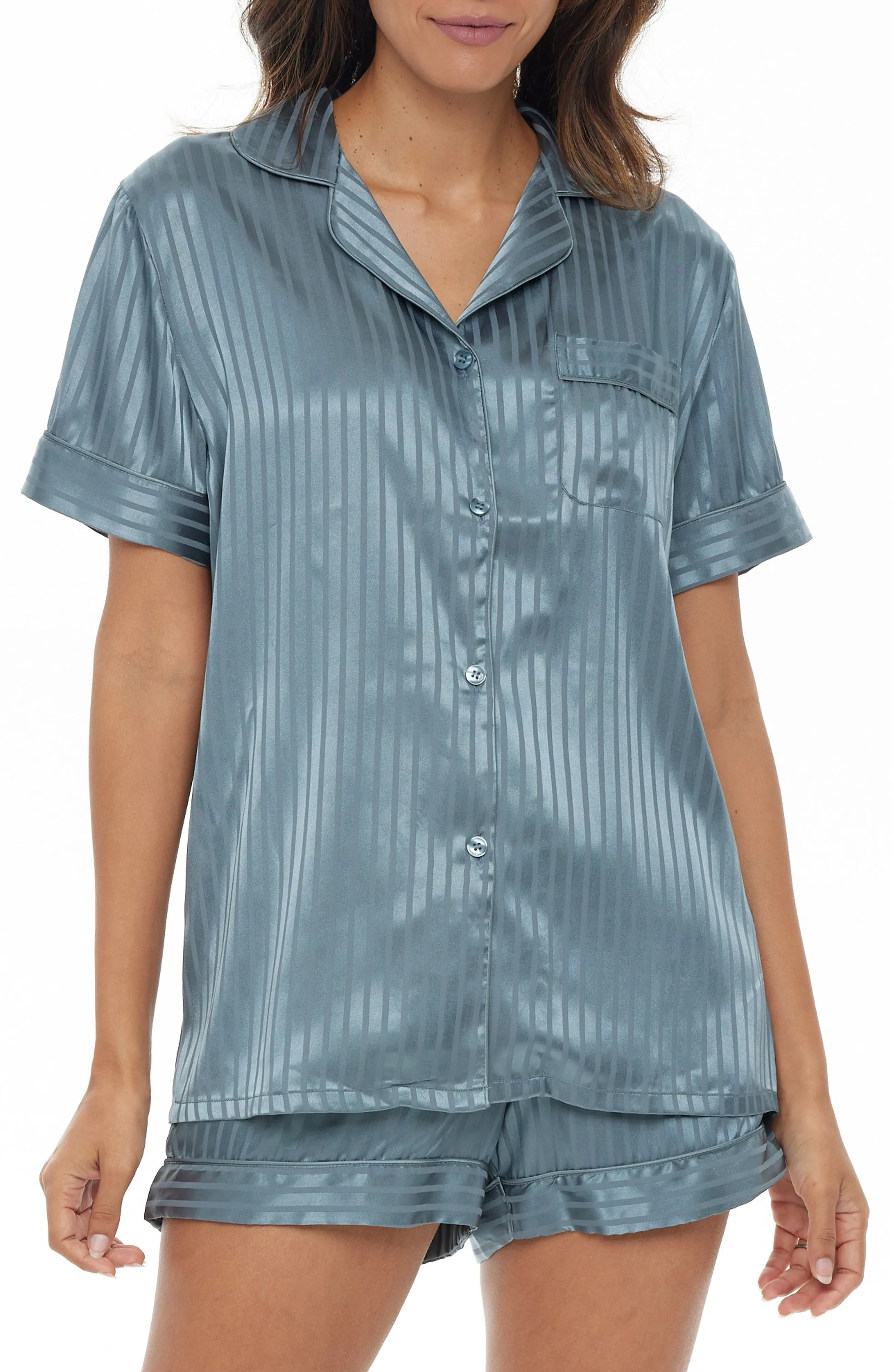 Women's Classic Satin Pajamas Set with Pockets, Short Sleeve PJs