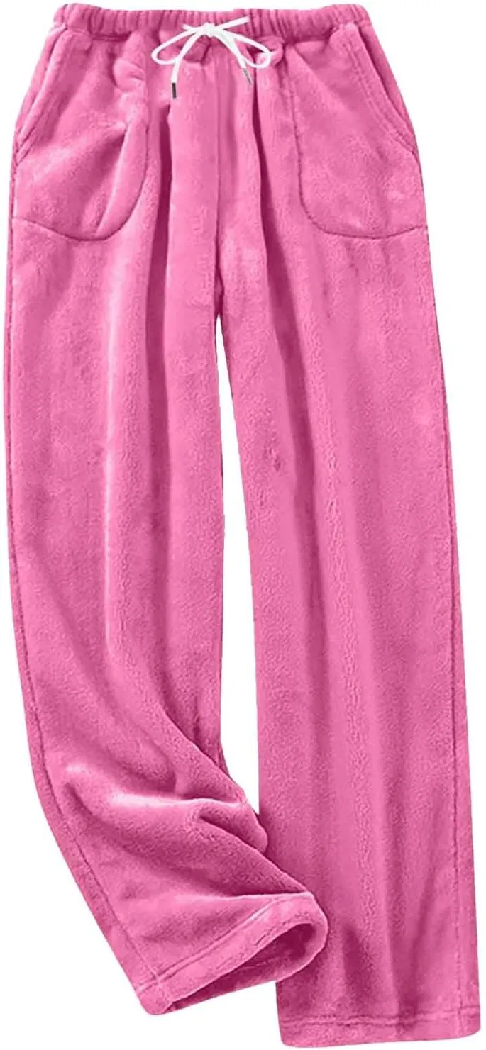 Women's Coral Fleece Pajama Pants Comfy Warm Drawstring Lounge Long Pants Sleepwear Velvet Home Pants with Pockets