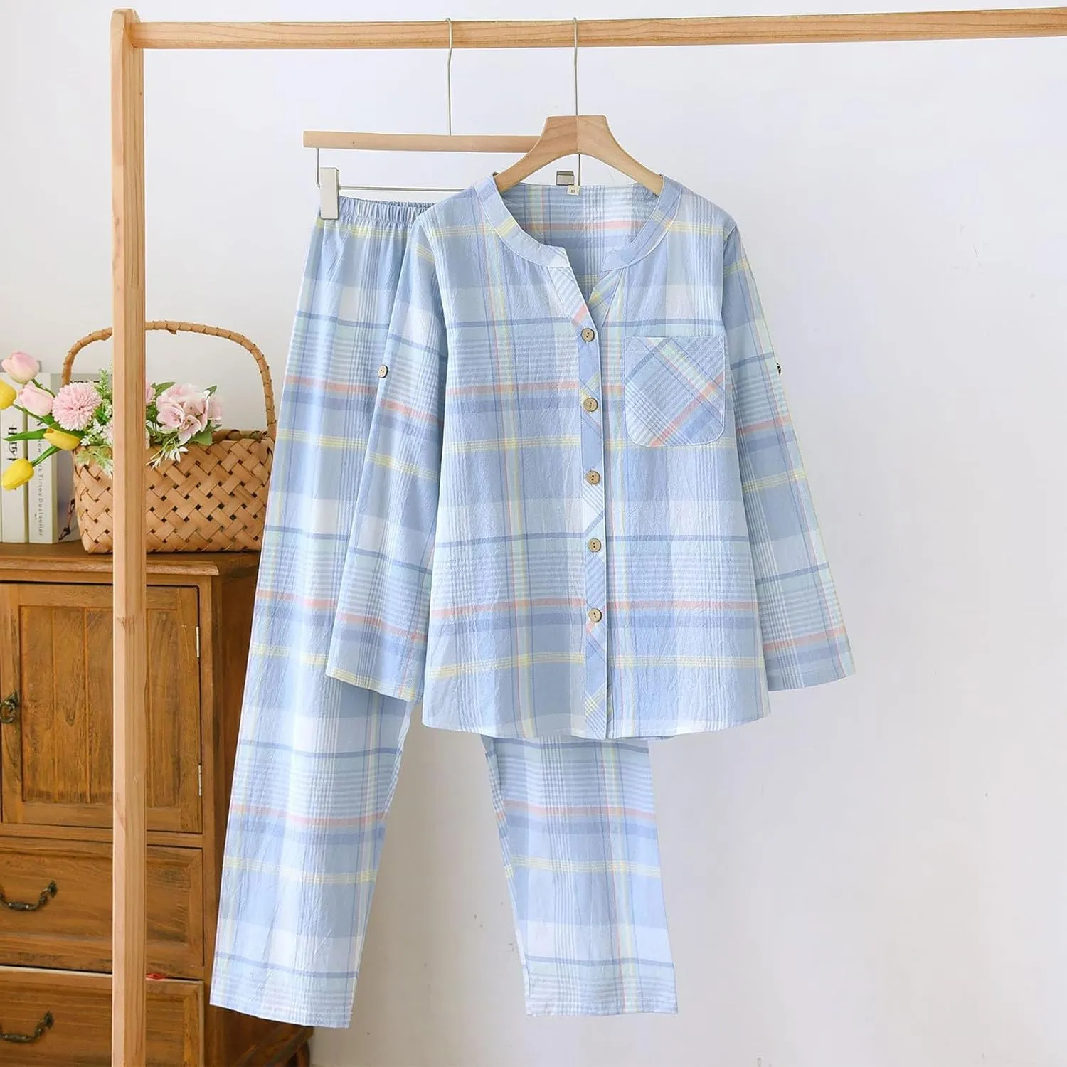 Womens Cotton Button Down Pajamas Set Plaid Striped Shirts Pants 2 Piece Short Sleeve Sleepwear Soft Pjs Lounge Sets