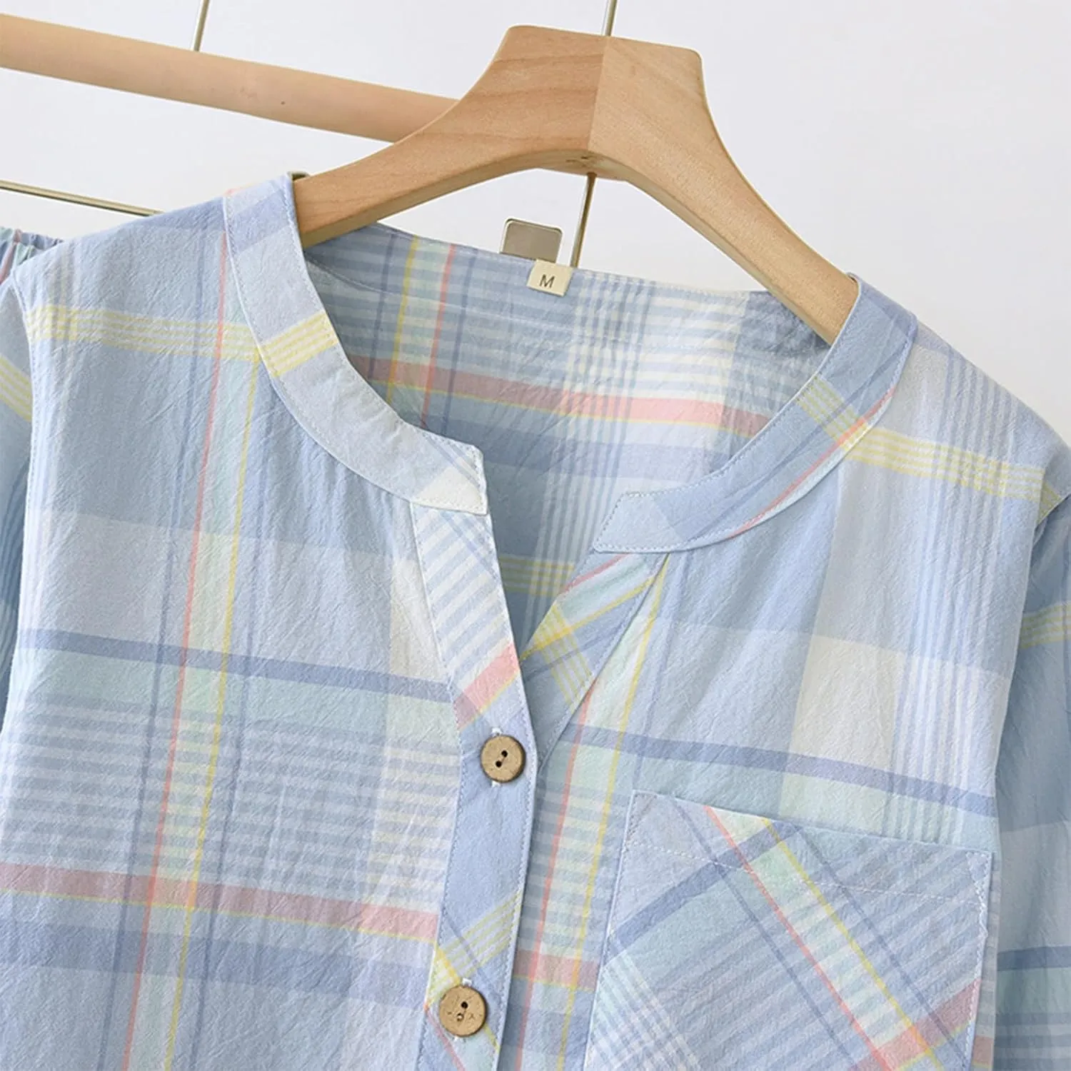 Womens Cotton Button Down Pajamas Set Plaid Striped Shirts Pants 2 Piece Short Sleeve Sleepwear Soft Pjs Lounge Sets