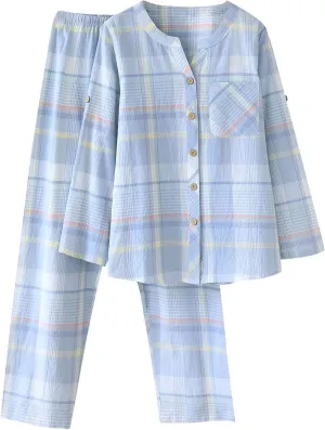 Womens Cotton Button Down Pajamas Set Plaid Striped Shirts Pants 2 Piece Short Sleeve Sleepwear Soft Pjs Lounge Sets
