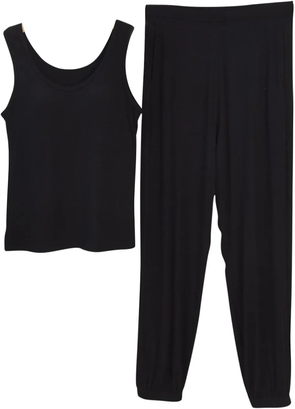 Womens Cotton Casual Solid Pajamas Sets Sleeveless Crewneck Slim Fit Top Tank High Waisted Lantern Yoga Lounge Pant