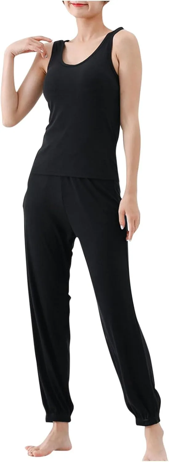 Womens Cotton Casual Solid Pajamas Sets Sleeveless Crewneck Slim Fit Top Tank High Waisted Lantern Yoga Lounge Pant