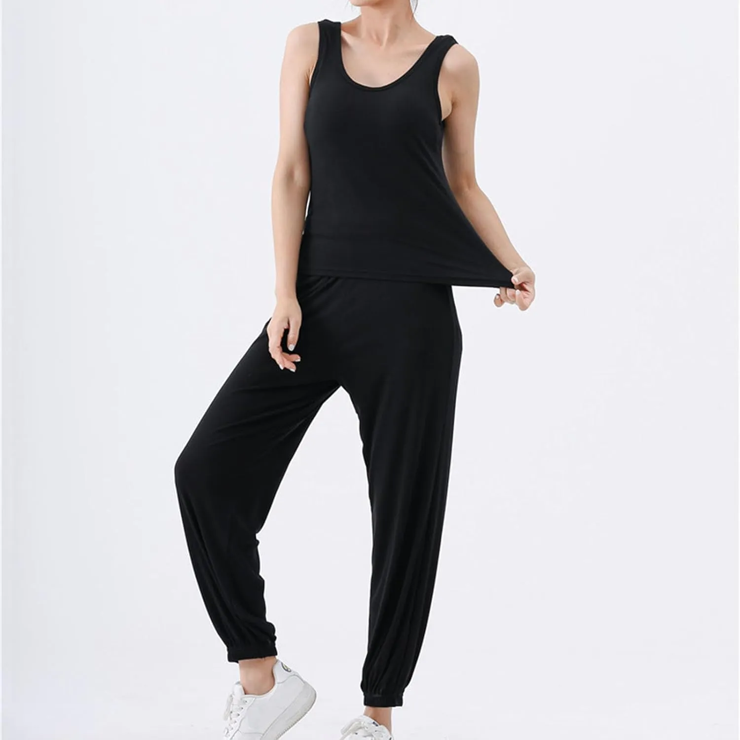 Womens Cotton Casual Solid Pajamas Sets Sleeveless Crewneck Slim Fit Top Tank High Waisted Lantern Yoga Lounge Pant