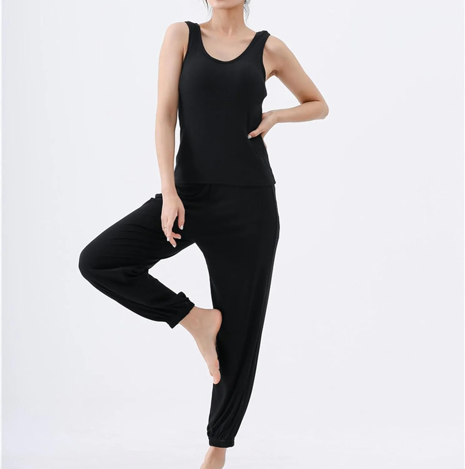 Womens Cotton Casual Solid Pajamas Sets Sleeveless Crewneck Slim Fit Top Tank High Waisted Lantern Yoga Lounge Pant