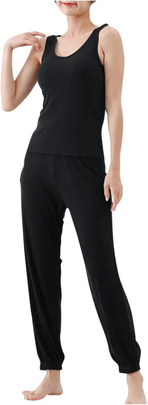 Womens Cotton Casual Solid Pajamas Sets Sleeveless Crewneck Slim Fit Top Tank High Waisted Lantern Yoga Lounge Pant