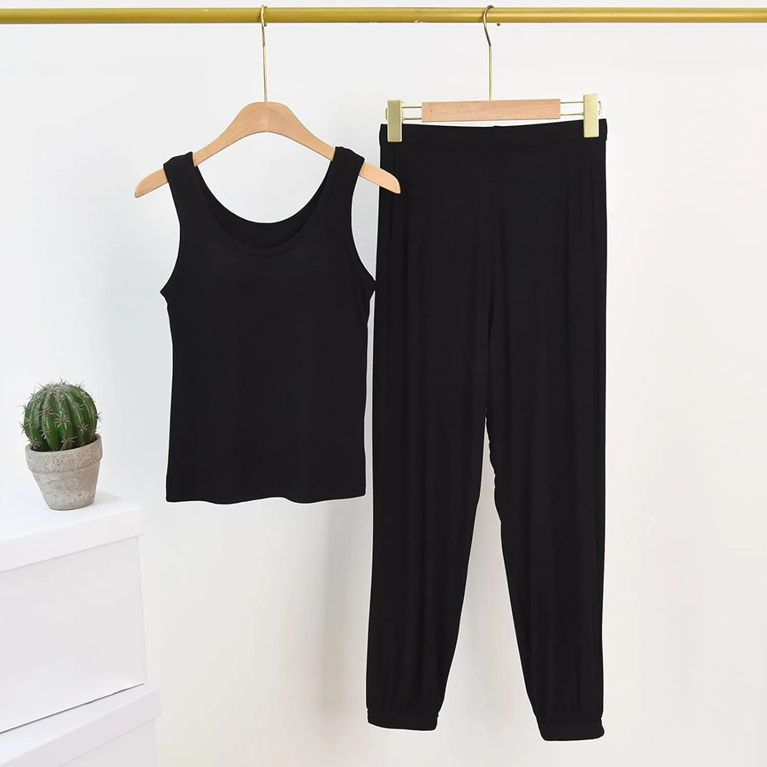 Womens Cotton Casual Solid Pajamas Sets Sleeveless Crewneck Slim Fit Top Tank High Waisted Lantern Yoga Lounge Pant