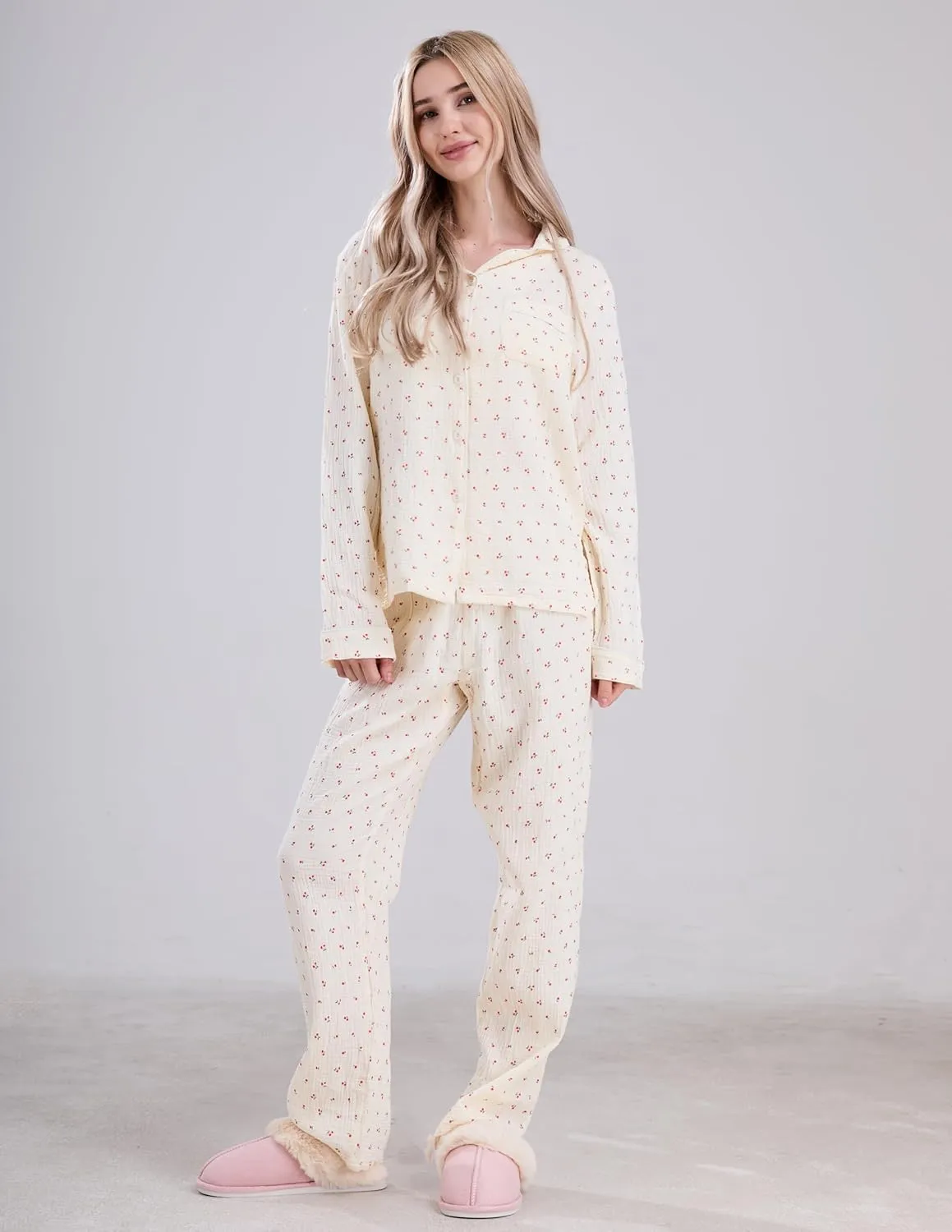 Womens Cotton Gauze Pajama Set Long Sleeve Button Up Shirt and Pants 2 Piece Cute Printed Pj Set