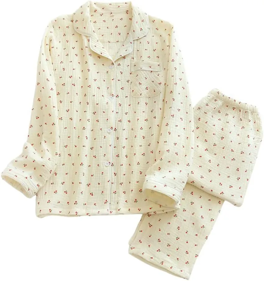 Womens Cotton Gauze Pajama Set Long Sleeve Button Up Shirt and Pants 2 Piece Cute Printed Pj Set