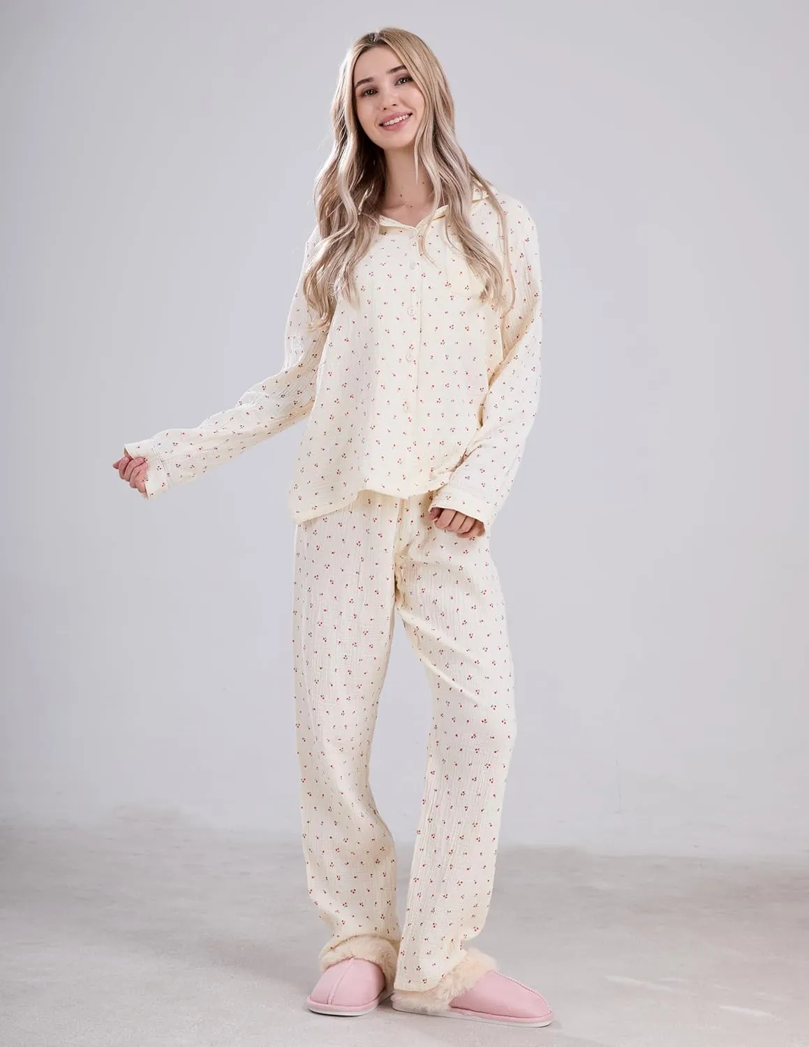 Womens Cotton Gauze Pajama Set Long Sleeve Button Up Shirt and Pants 2 Piece Cute Printed Pj Set