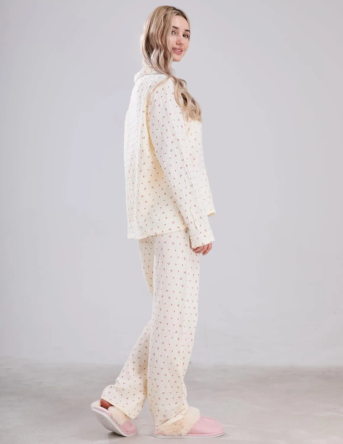 Womens Cotton Gauze Pajama Set Long Sleeve Button Up Shirt and Pants 2 Piece Cute Printed Pj Set