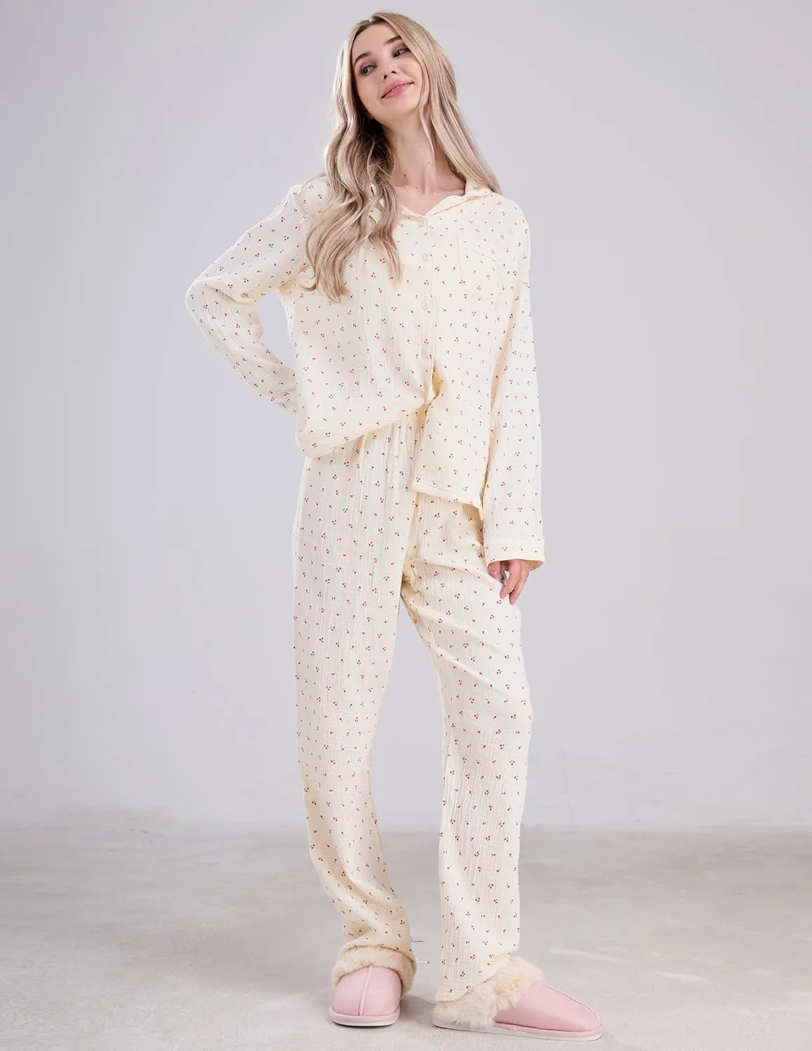 Womens Cotton Gauze Pajama Set Long Sleeve Button Up Shirt and Pants 2 Piece Cute Printed Pj Set