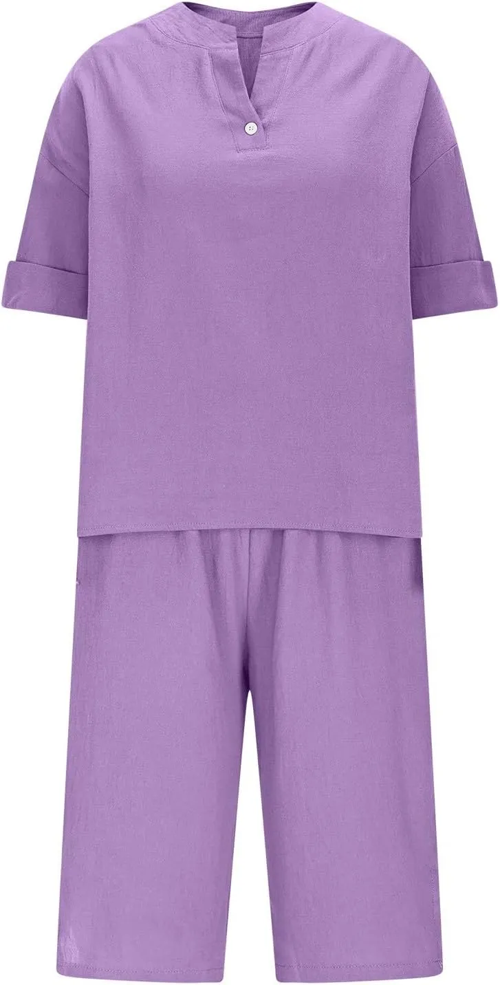 Womens Cotton Linen 2 Piece Outfits Short Sleeve Button Down Blouse Bermuda Shorts Beach Vacation Set with Pockets