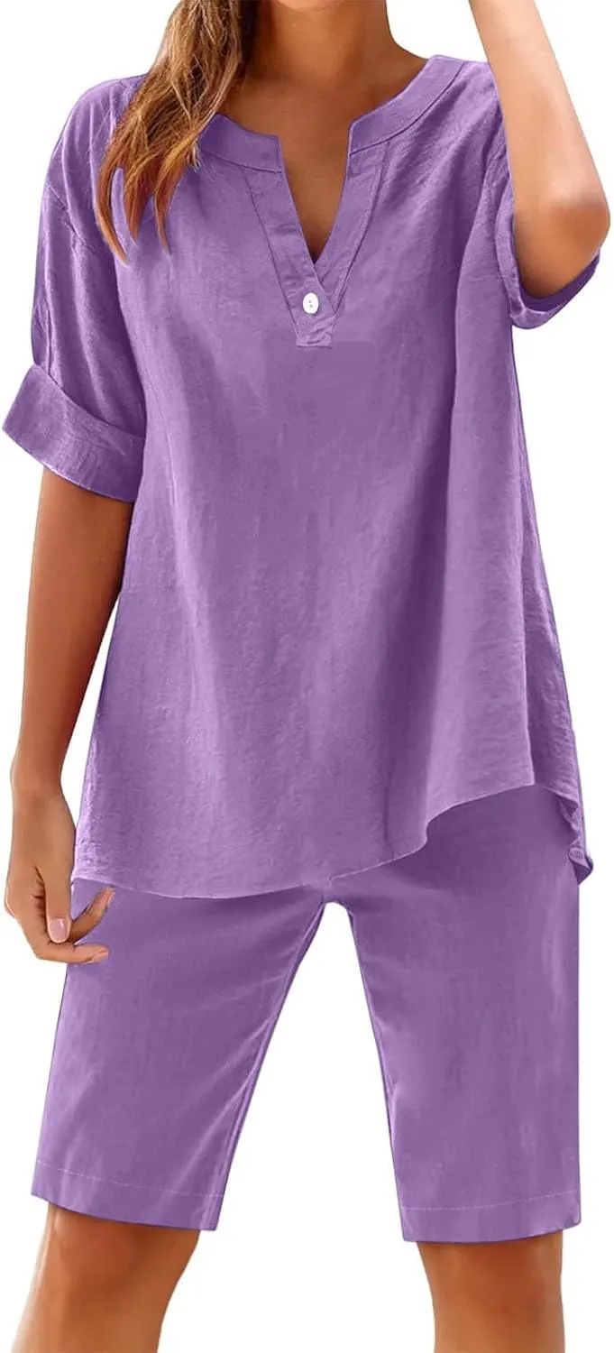 Womens Cotton Linen 2 Piece Outfits Short Sleeve Button Down Blouse Bermuda Shorts Beach Vacation Set with Pockets