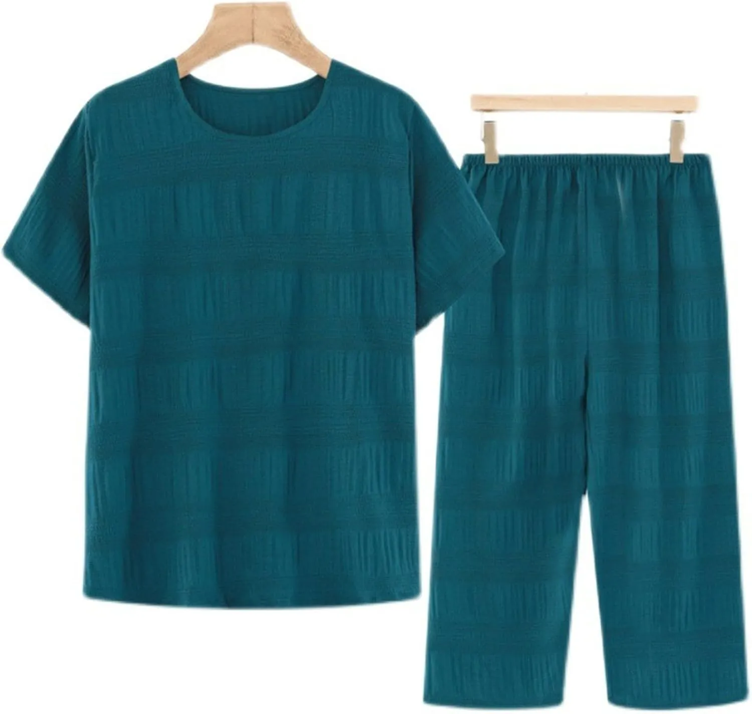 Women's Cotton Linen 2 Piece Pajamas Sets Short Sleeve Crewneck Textured Tops Wide Leg Comfy Capri Pant Loungewear