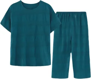 Women's Cotton Linen 2 Piece Pajamas Sets Short Sleeve Crewneck Textured Tops Wide Leg Comfy Capri Pant Loungewear
