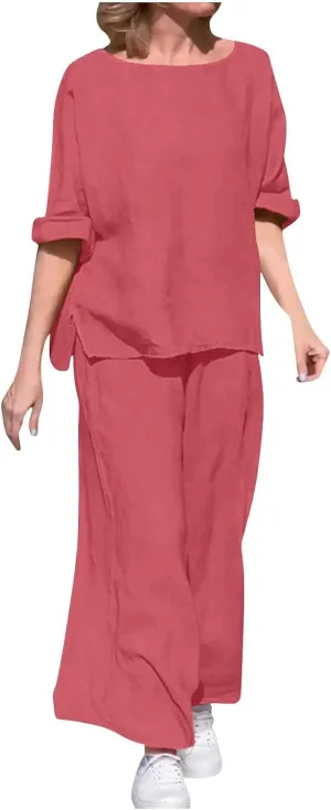 Women's Cotton Linen Lounge Set 3/4 Sleeve Top Pajamas Wide Leg Pants Casual Loose Plus Size Summer Loungewear Outfits