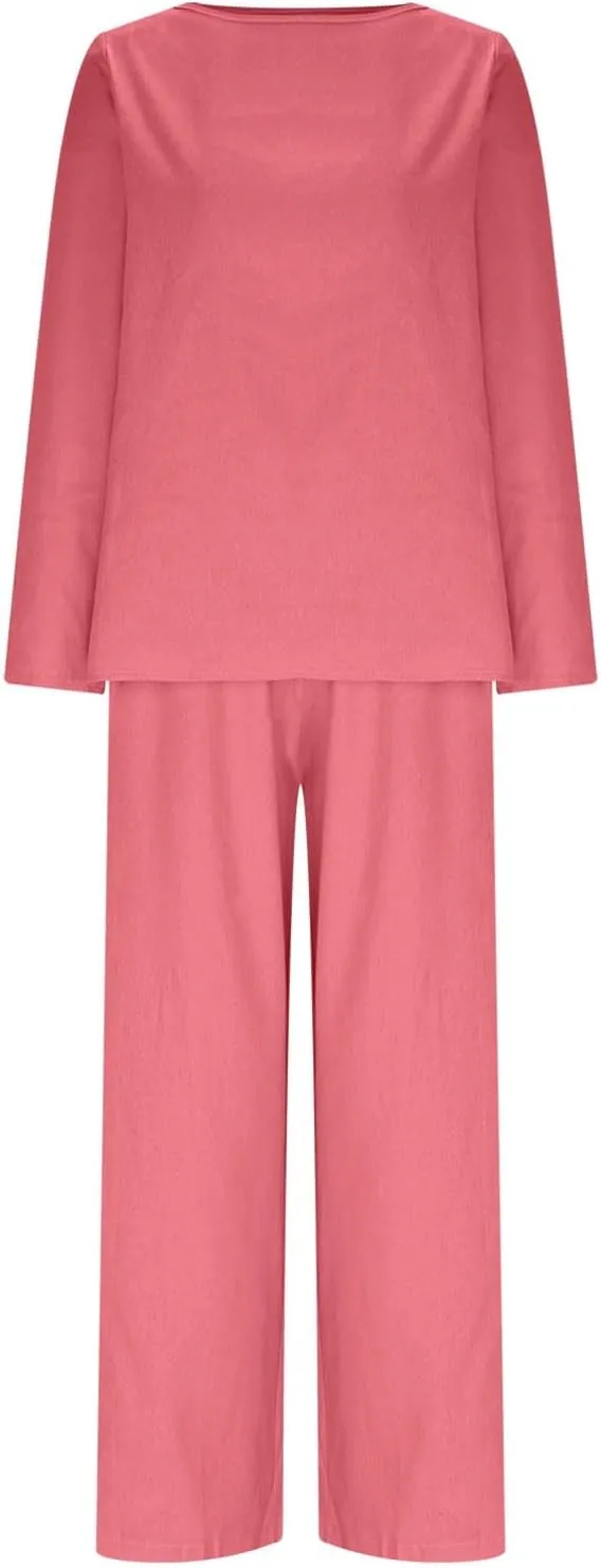 Women's Cotton Linen Lounge Set 3/4 Sleeve Top Pajamas Wide Leg Pants Casual Loose Plus Size Summer Loungewear Outfits