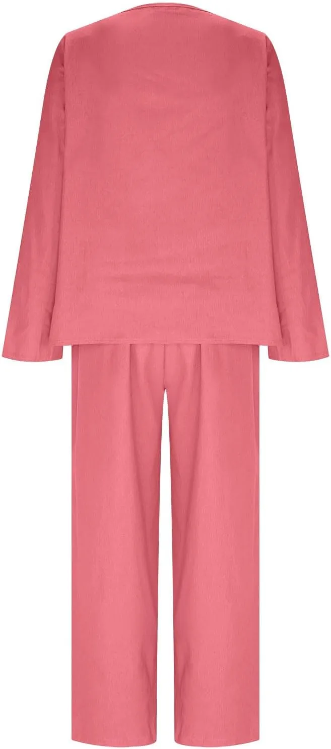 Women's Cotton Linen Lounge Set 3/4 Sleeve Top Pajamas Wide Leg Pants Casual Loose Plus Size Summer Loungewear Outfits