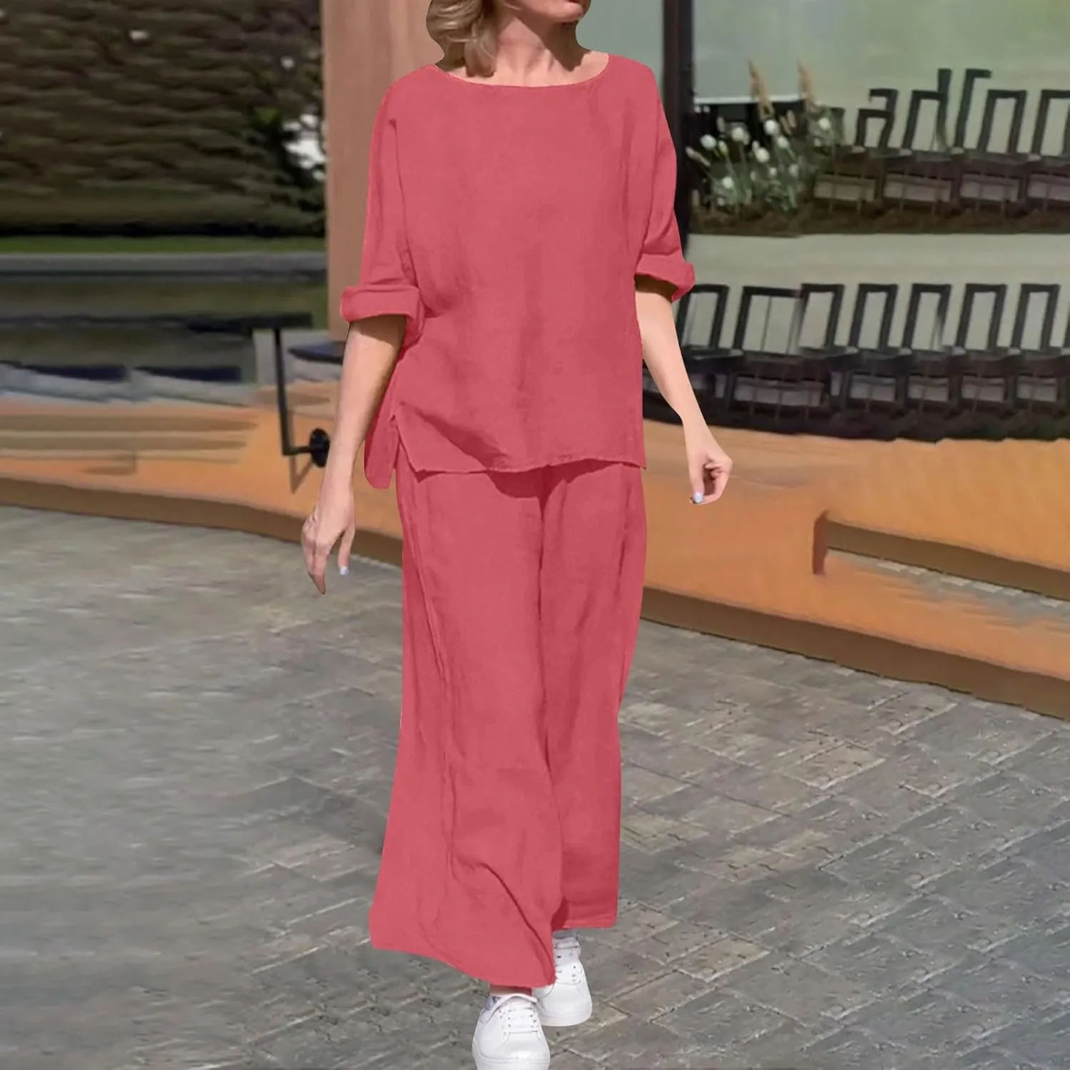 Women's Cotton Linen Lounge Set 3/4 Sleeve Top Pajamas Wide Leg Pants Casual Loose Plus Size Summer Loungewear Outfits