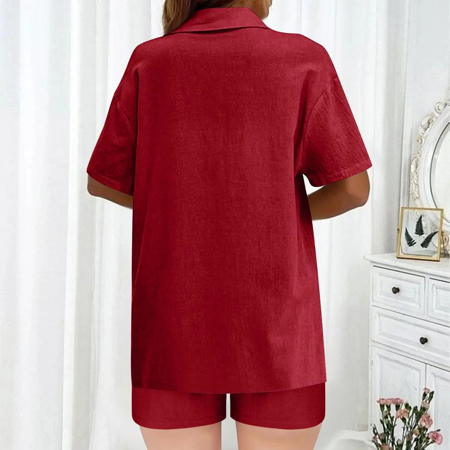Women's Cotton Linen Set Casual Tracksuit Button Down Short Sleeve Shirt and Shorts 2 Piece Lounge Set With Pockets