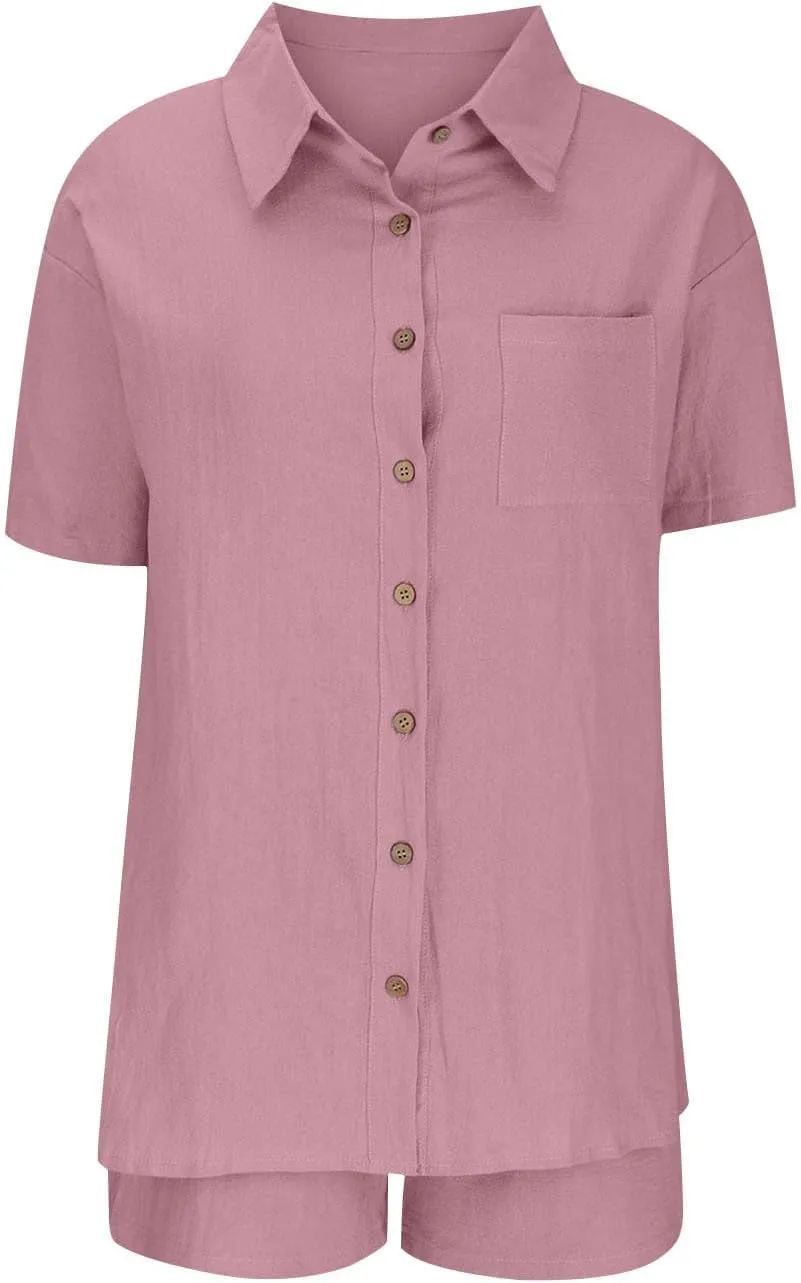 Women's Cotton Linen Set Casual Tracksuit Button Down Short Sleeve Shirt and Shorts 2 Piece Lounge Set With Pockets