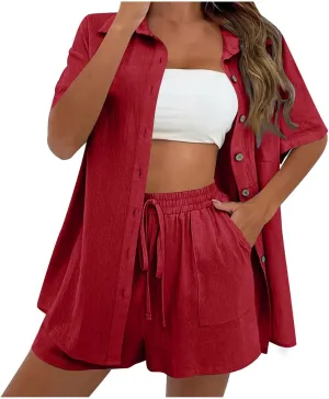 Women's Cotton Linen Set Casual Tracksuit Button Down Short Sleeve Shirt and Shorts 2 Piece Lounge Set With Pockets