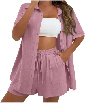Women's Cotton Linen Set Casual Tracksuit Button Down Short Sleeve Shirt and Shorts 2 Piece Lounge Set With Pockets