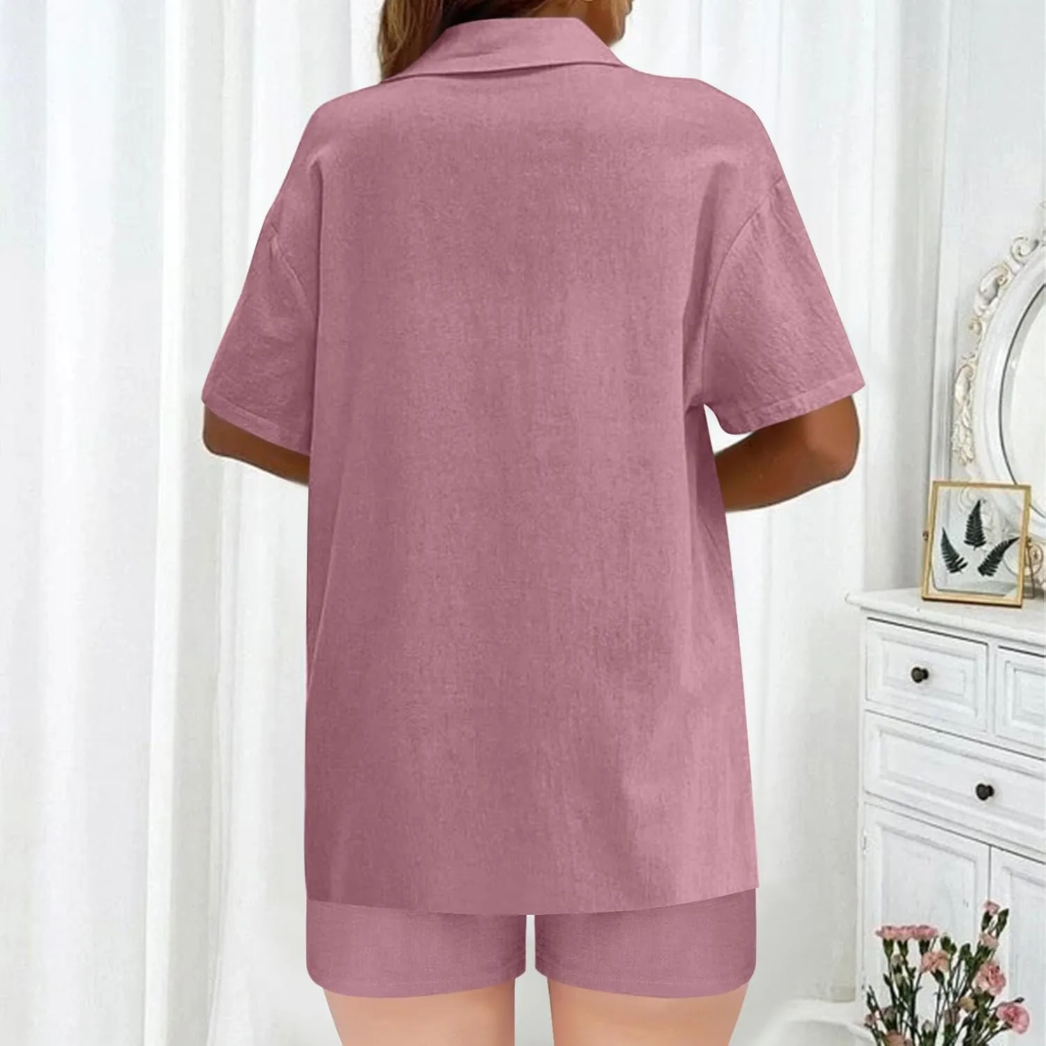 Women's Cotton Linen Set Casual Tracksuit Button Down Short Sleeve Shirt and Shorts 2 Piece Lounge Set With Pockets