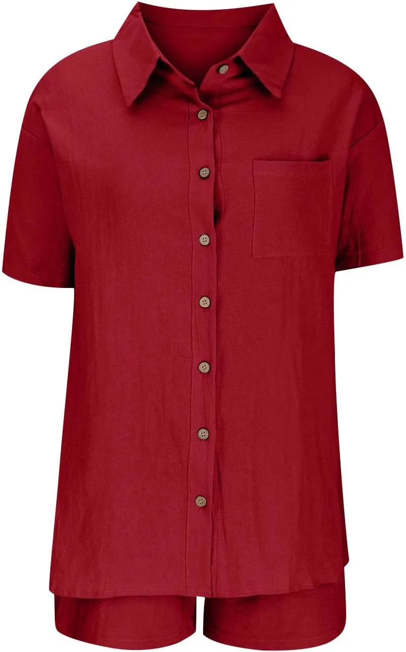 Women's Cotton Linen Set Casual Tracksuit Button Down Short Sleeve Shirt and Shorts 2 Piece Lounge Set With Pockets
