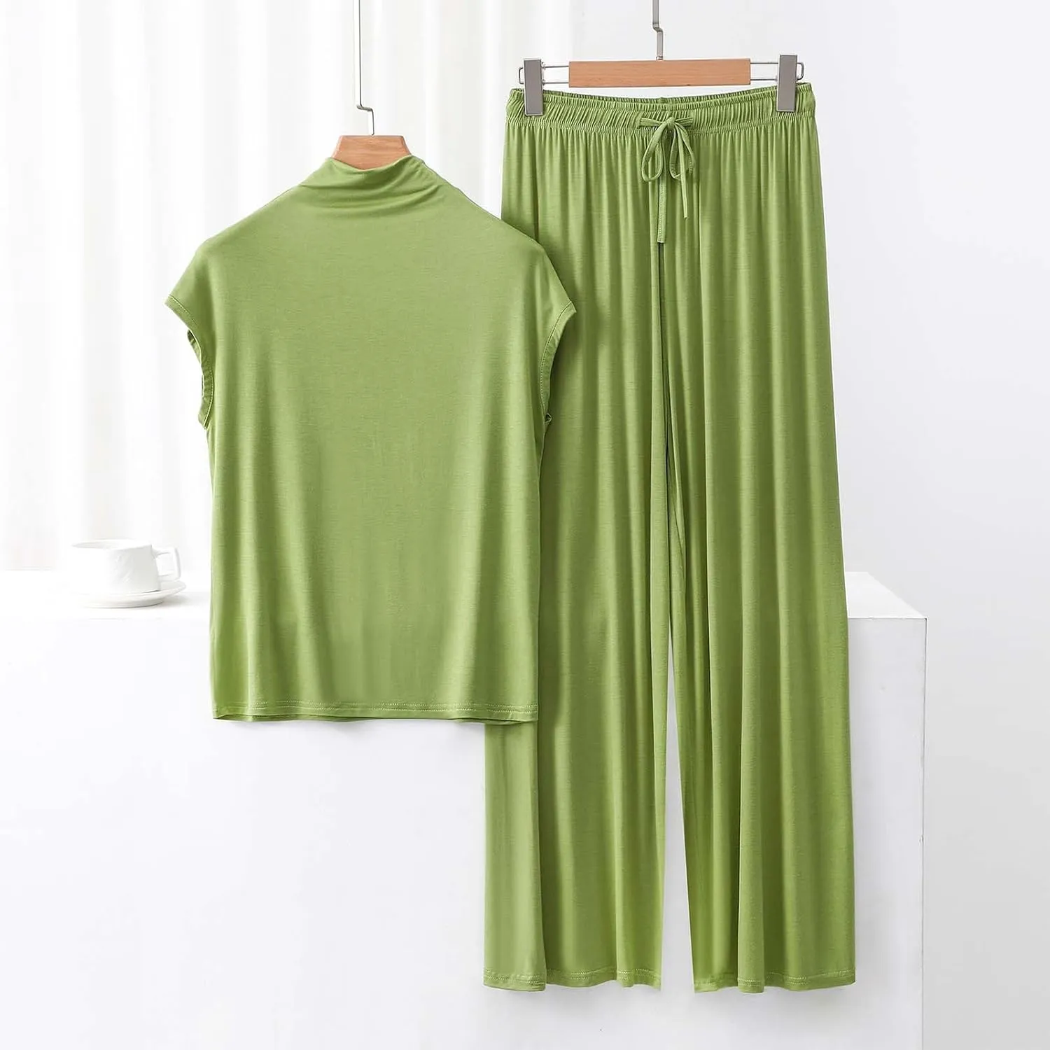 Womens Cotton Pajamas Set Cap Sleeve PJ Sets Soft Lounge Mock Neck Tops and Wide Leg Pants Sleepwear Comfy Joggers