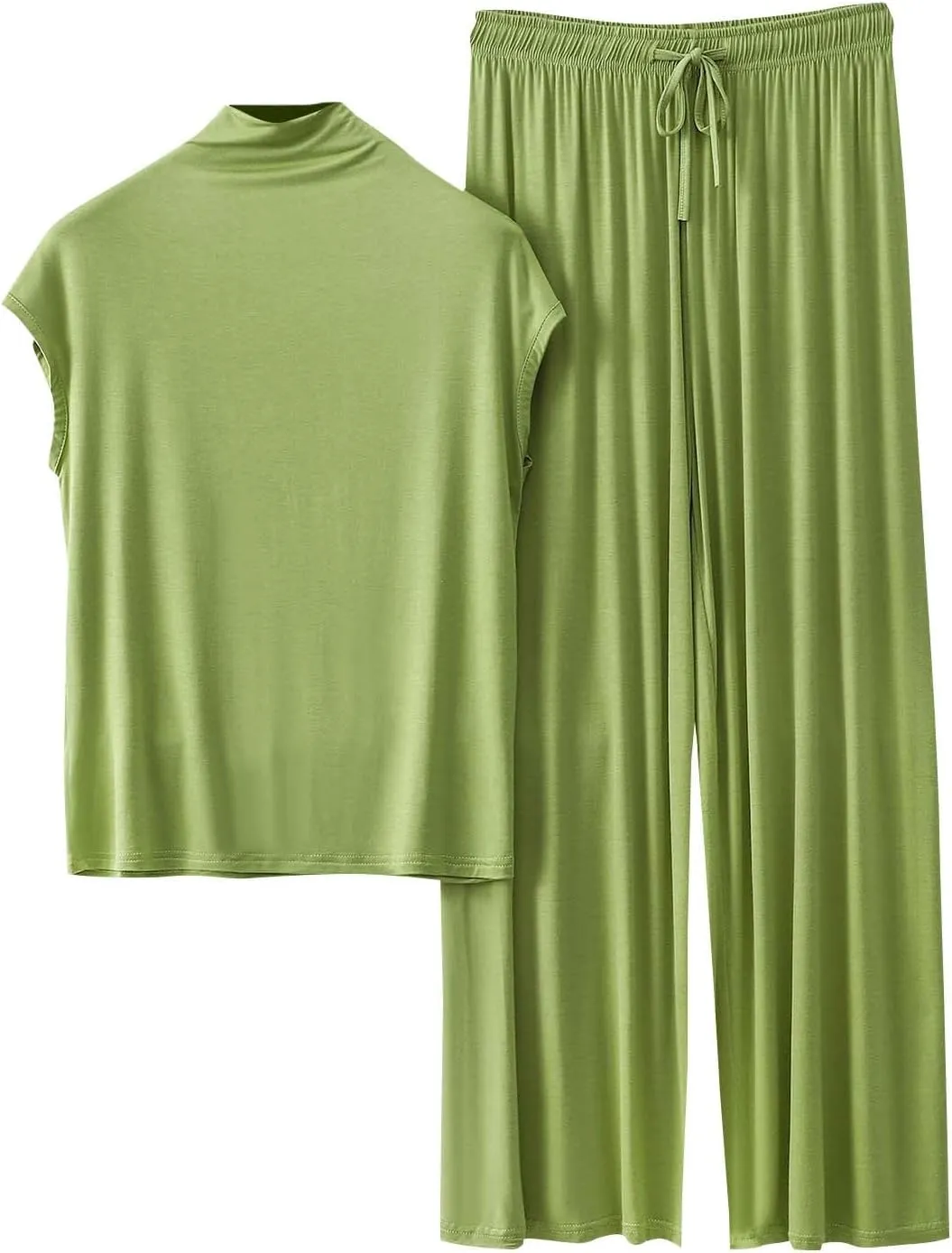 Womens Cotton Pajamas Set Cap Sleeve PJ Sets Soft Lounge Mock Neck Tops and Wide Leg Pants Sleepwear Comfy Joggers