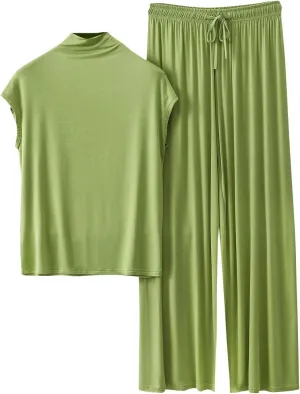 Womens Cotton Pajamas Set Cap Sleeve PJ Sets Soft Lounge Mock Neck Tops and Wide Leg Pants Sleepwear Comfy Joggers