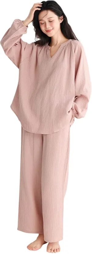 Womens Cotton Pajamas Set Soft Pajama Sets Mock Neck Pjs Long Sleeve Sleepwear Comfy Lounge Sets with Wide Leg Pants