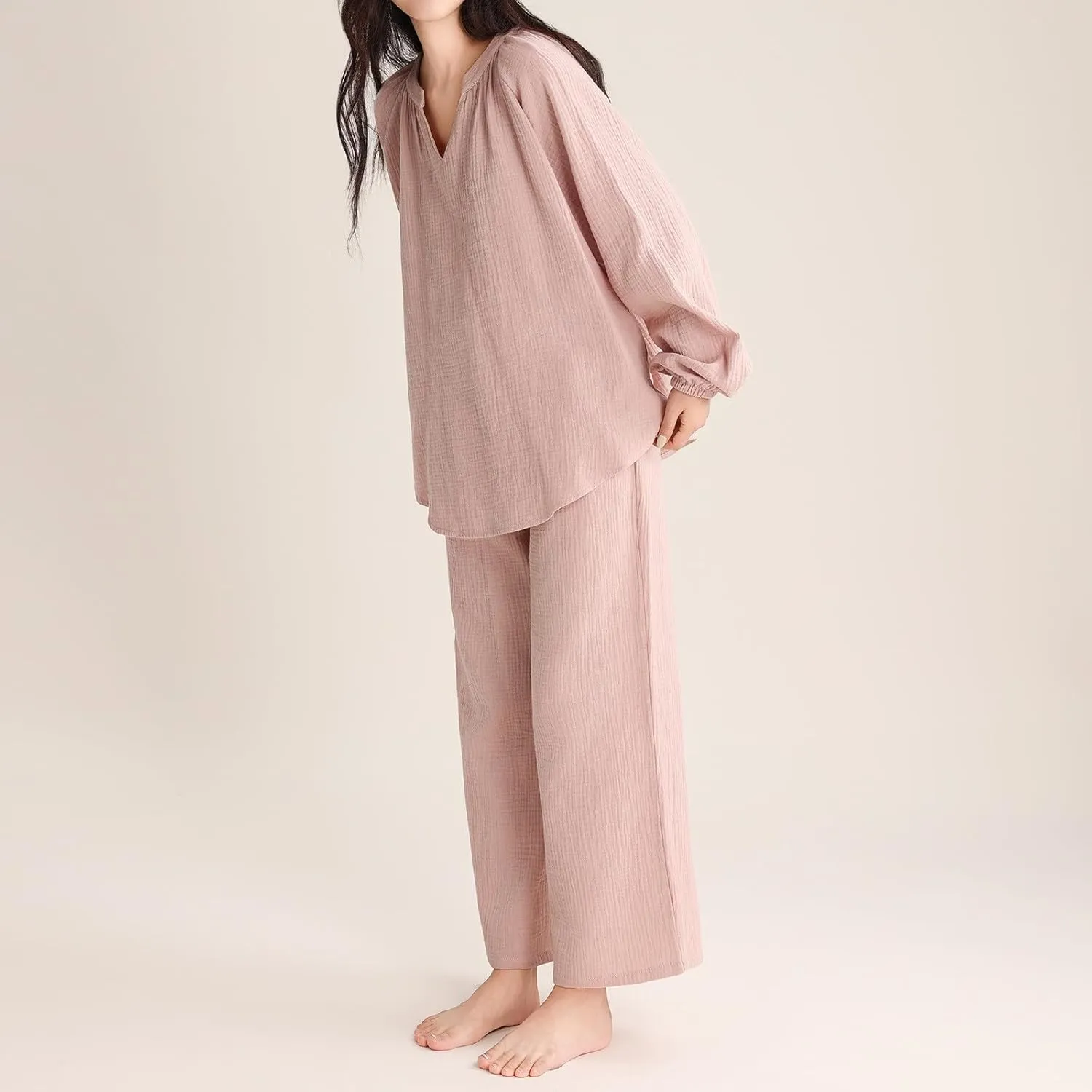 Womens Cotton Pajamas Set Soft Pajama Sets Mock Neck Pjs Long Sleeve Sleepwear Comfy Lounge Sets with Wide Leg Pants