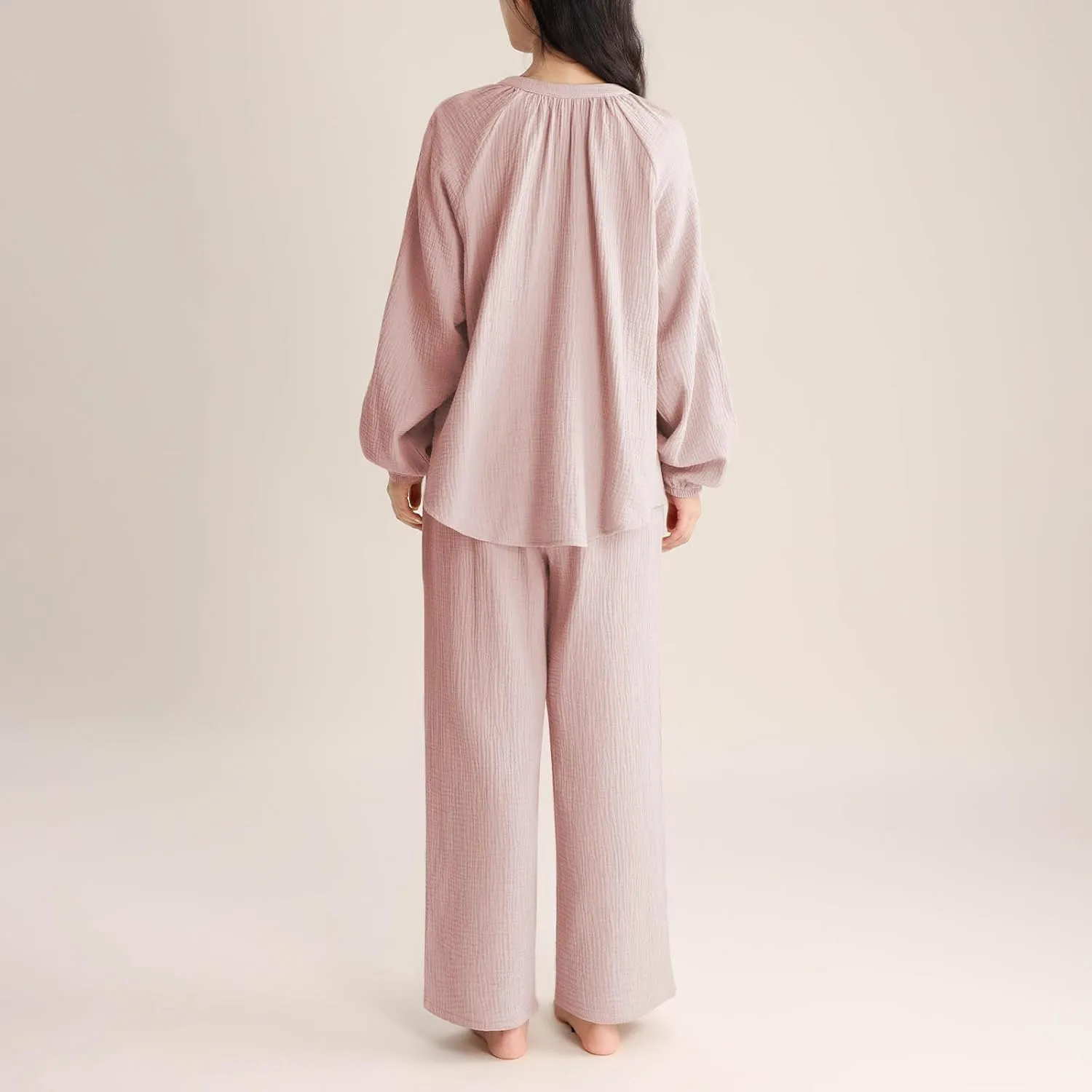 Womens Cotton Pajamas Set Soft Pajama Sets Mock Neck Pjs Long Sleeve Sleepwear Comfy Lounge Sets with Wide Leg Pants