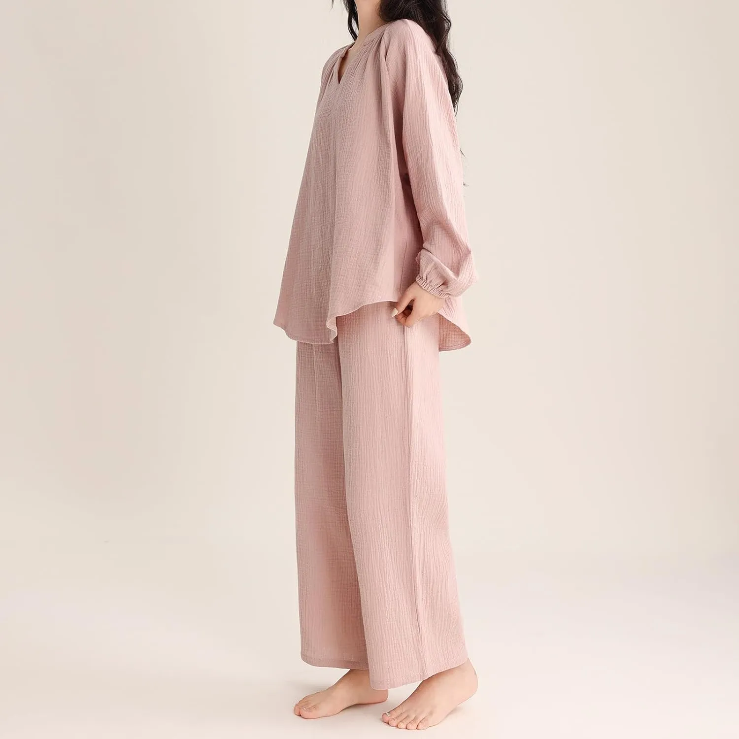 Womens Cotton Pajamas Set Soft Pajama Sets Mock Neck Pjs Long Sleeve Sleepwear Comfy Lounge Sets with Wide Leg Pants