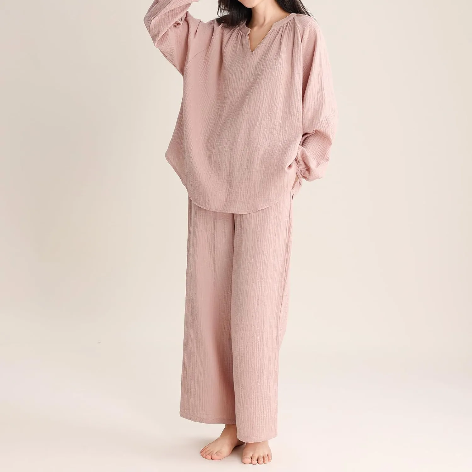 Womens Cotton Pajamas Set Soft Pajama Sets Mock Neck Pjs Long Sleeve Sleepwear Comfy Lounge Sets with Wide Leg Pants