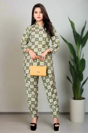 Women's Cotton Polyester Mix Fabric Printed Night suit with Collar Co-Ord Set - VKT800