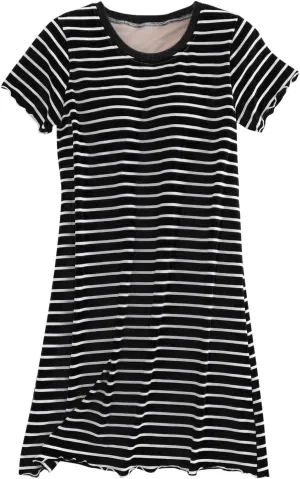 Women's Cotton Striped Nightgown Soft Sleep Dress Summer Short Sleeve Loose Comfy Sleepwear with Built in Shelf Bra